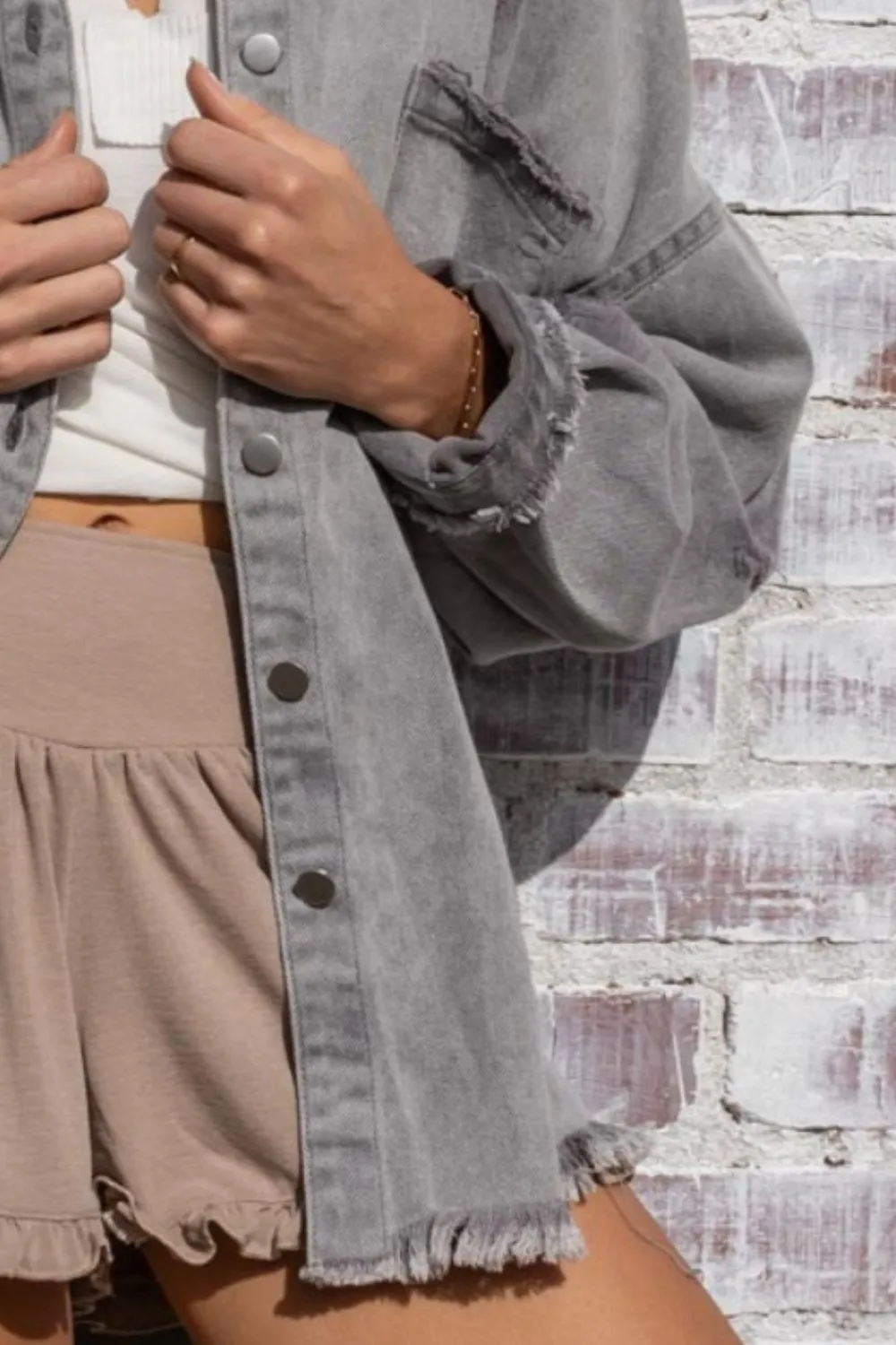 POL Button Down Raw Hem Distressed Shacket sold by Charming Charlie product image thumbnail 3