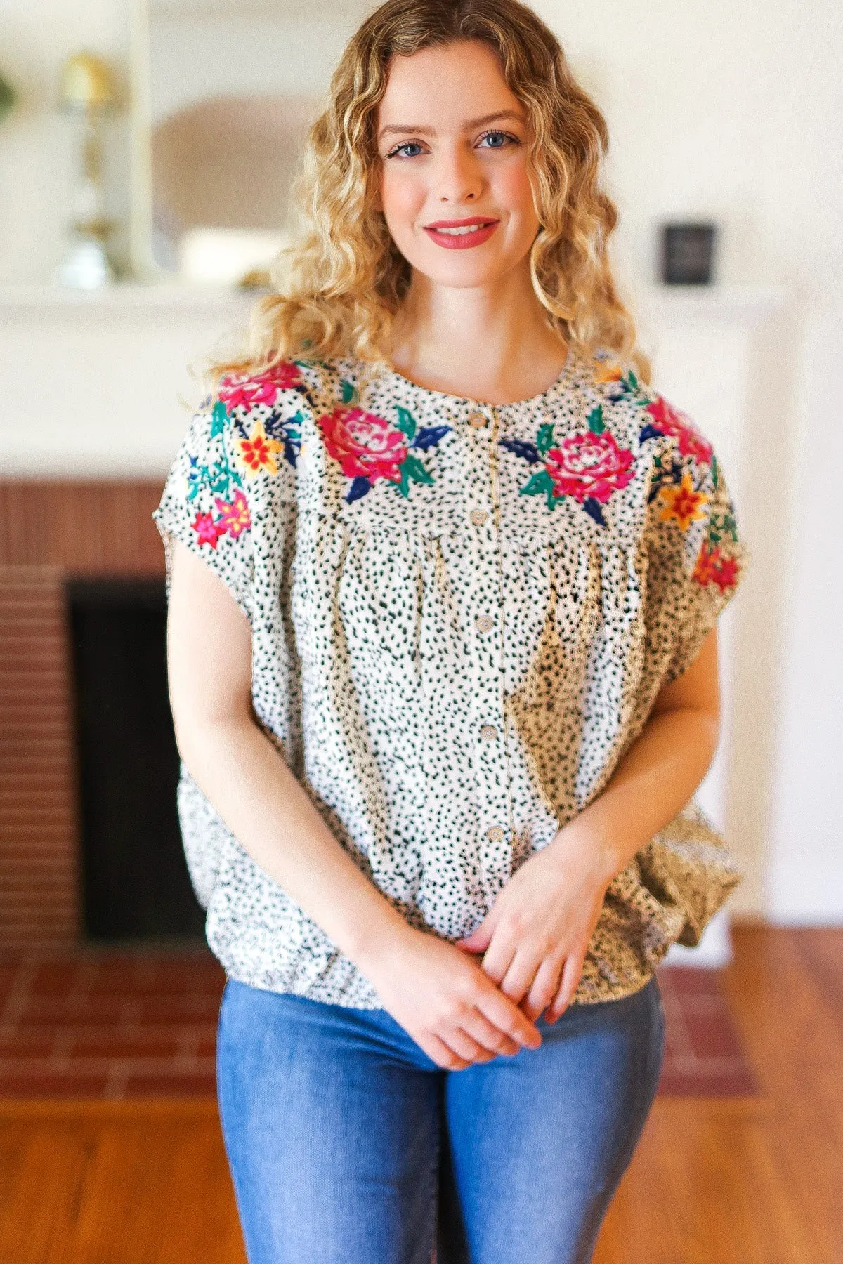 Perfectly Poised Ivory Animal Print Floral Embroidery Button Down Top sold by Charming Charlie product image thumbnail 5
