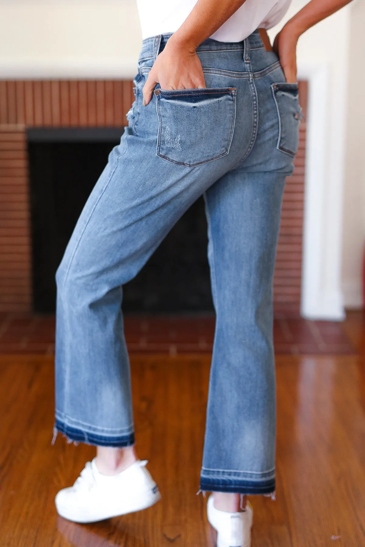 Judy Blue Medium Wash Release Hem Cropped Bootcut Jeans sold by Charming Charlie product image thumbnail 3