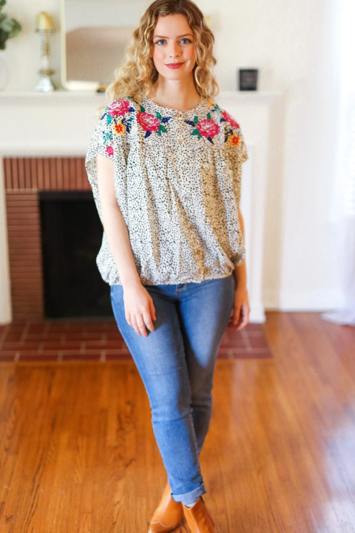 Perfectly Poised Ivory Animal Print Floral Embroidery Button Down Top sold by Charming Charlie product image thumbnail 3