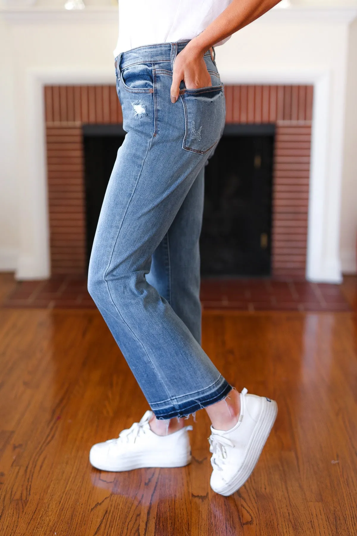 Judy Blue Medium Wash Release Hem Cropped Bootcut Jeans sold by Charming Charlie product image thumbnail 4