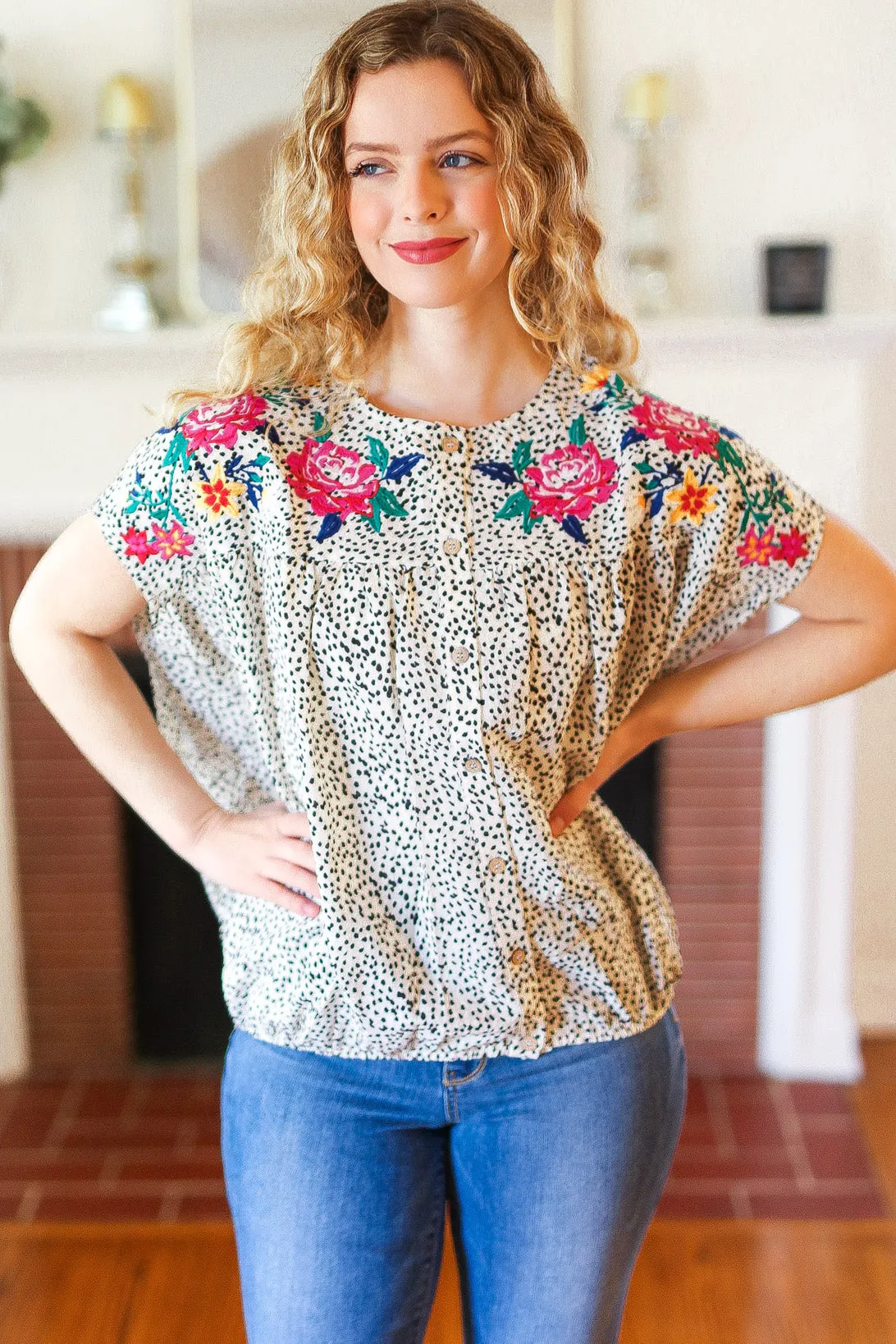 Perfectly Poised Ivory Animal Print Floral Embroidery Button Down Top sold by Charming Charlie