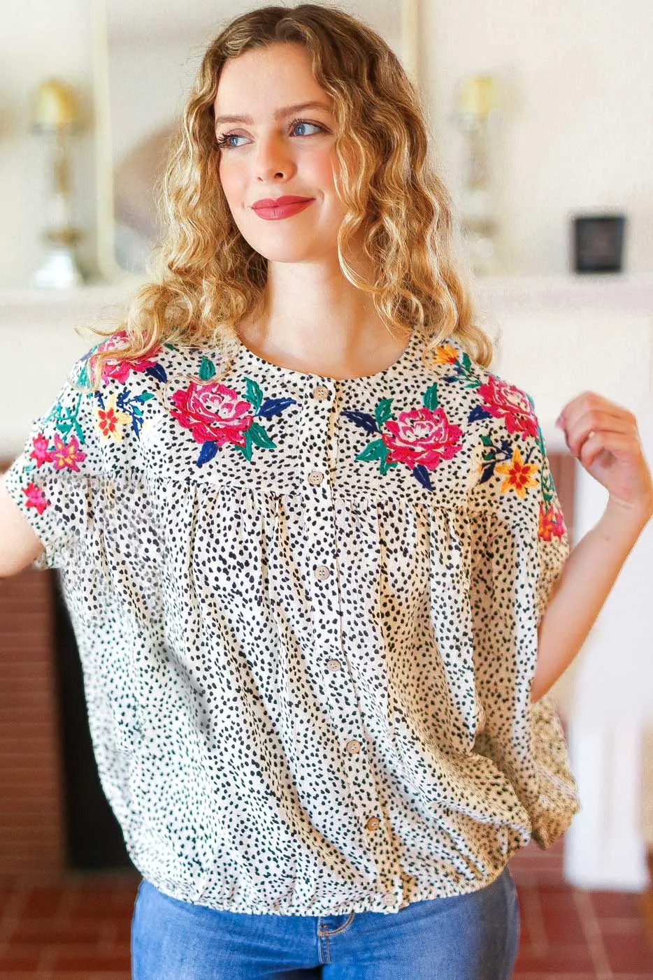 Perfectly Poised Ivory Animal Print Floral Embroidery Button Down Top sold by Charming Charlie product image thumbnail 2