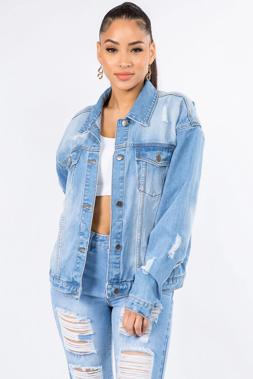 American Bazi Graphic Distressed Long Sleeve Denim Jacket sold by Charming Charlie