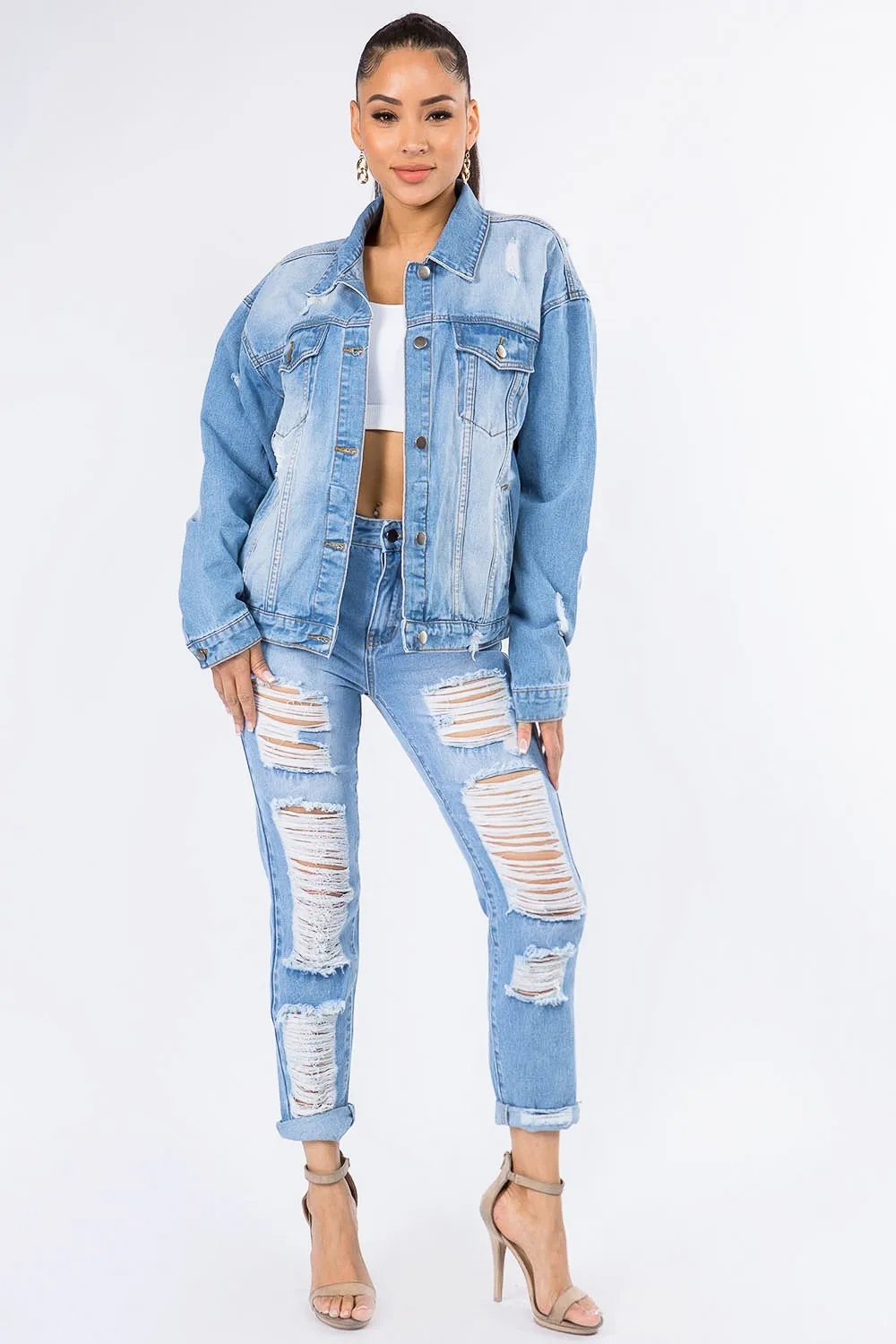 American Bazi Graphic Distressed Long Sleeve Denim Jacket sold by Charming Charlie product image thumbnail 5