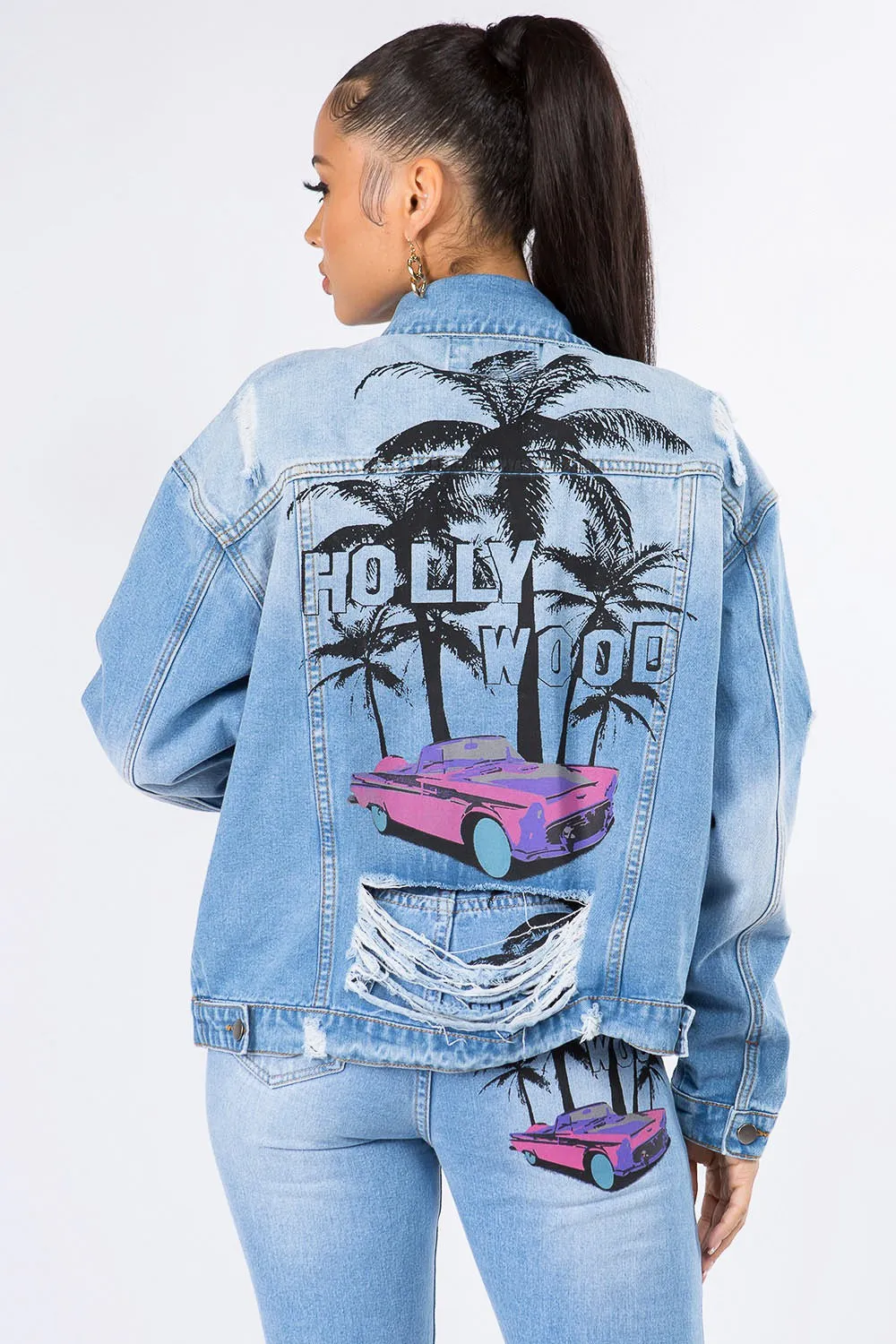 American Bazi Graphic Distressed Long Sleeve Denim Jacket sold by Charming Charlie product image thumbnail 2