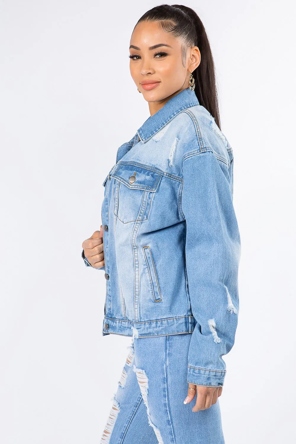 American Bazi Graphic Distressed Long Sleeve Denim Jacket sold by Charming Charlie product image thumbnail 3