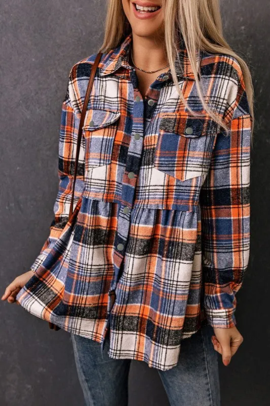 Multicolor Plaid Button Down Ruffled Shirt Jacket sold by Charming Charlie
