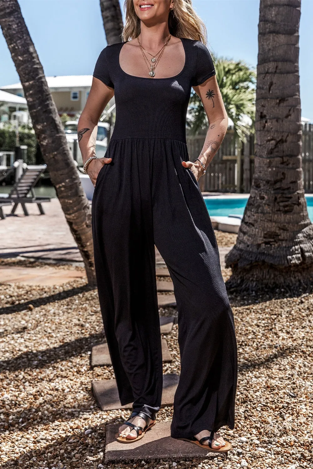 Square Neck Short Sleeve Wide Leg Jumpsuit sold by Charming Charlie product image thumbnail 2