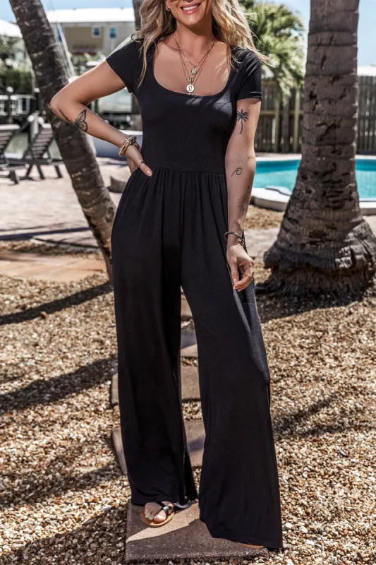 Square Neck Short Sleeve Wide Leg Jumpsuit sold by Charming Charlie