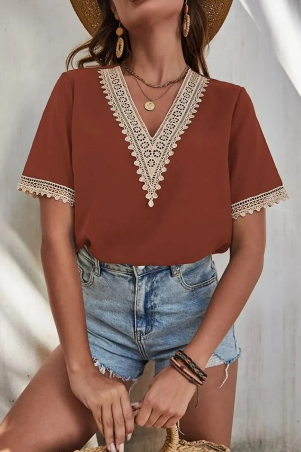 Full Size Lace Detail V-Neck Short Sleeve Blouse sold by Charming Charlie product image thumbnail 2