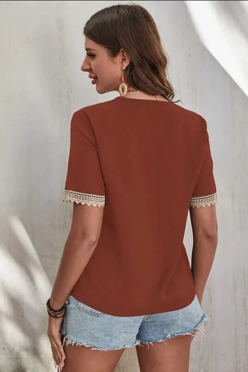 Full Size Lace Detail V-Neck Short Sleeve Blouse sold by Charming Charlie product image thumbnail 3