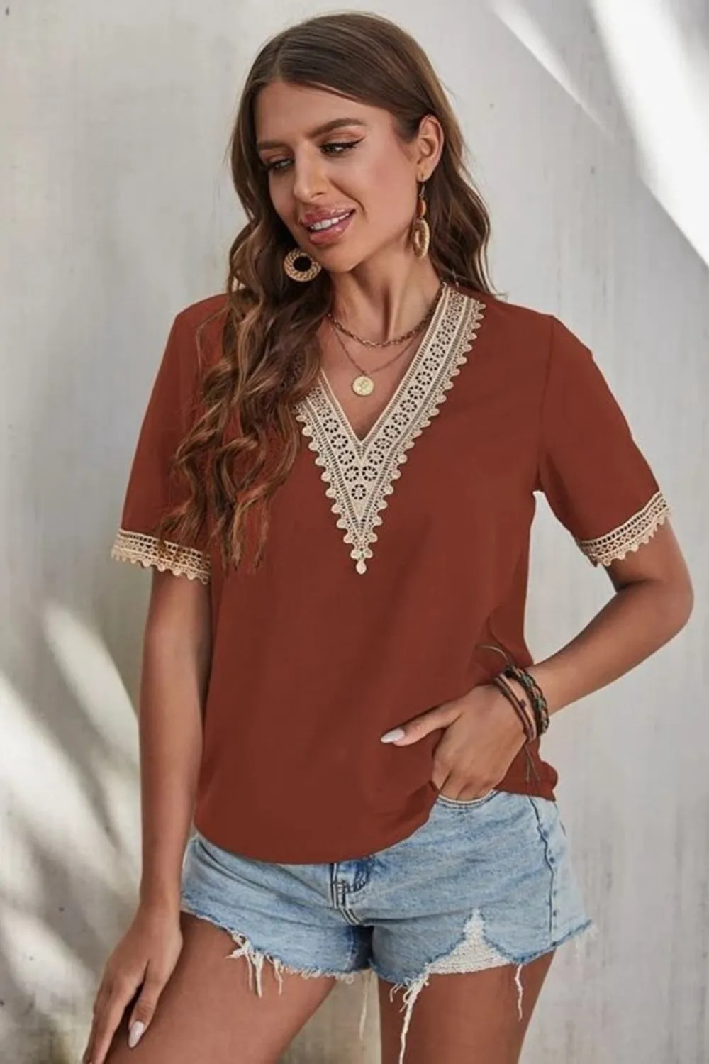 Full Size Lace Detail V-Neck Short Sleeve Blouse sold by Charming Charlie product image thumbnail 4