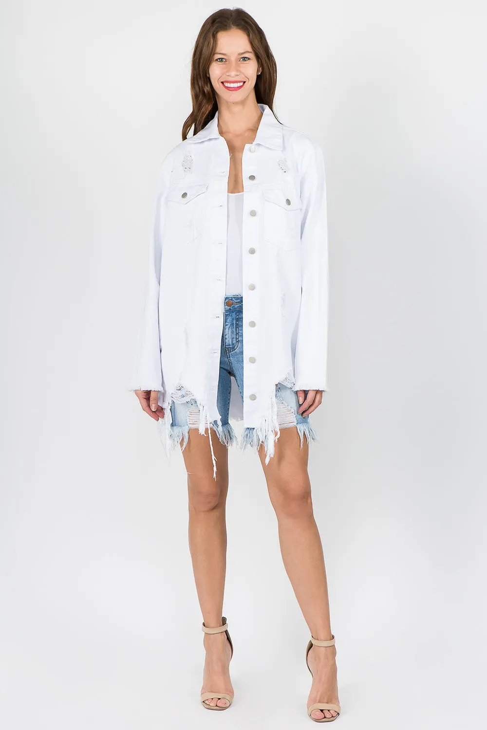 American Bazi Distressed Frayed Hem Denim Jacket sold by Charming Charlie product image thumbnail 4