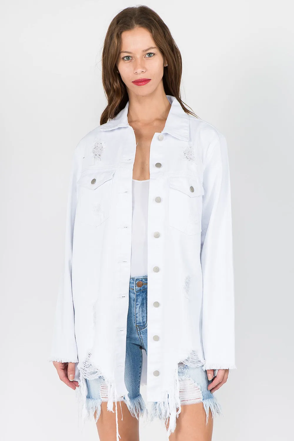 American Bazi Distressed Frayed Hem Denim Jacket sold by Charming Charlie