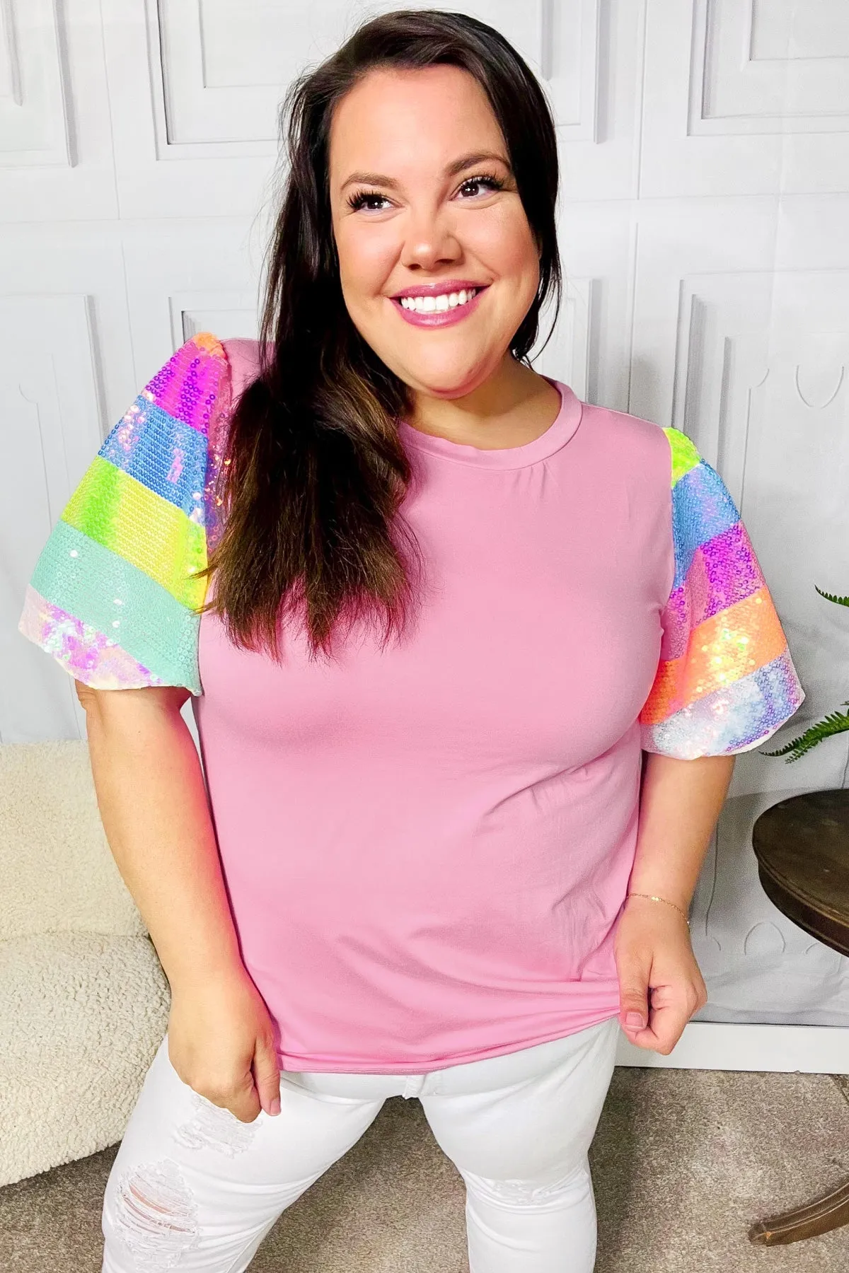 Stand Out Pink Rainbow Sequin Puff Sleeve Top sold by Charming Charlie product image thumbnail 5