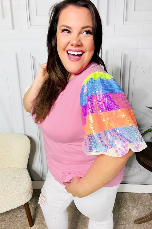 Stand Out Pink Rainbow Sequin Puff Sleeve Top sold by Charming Charlie