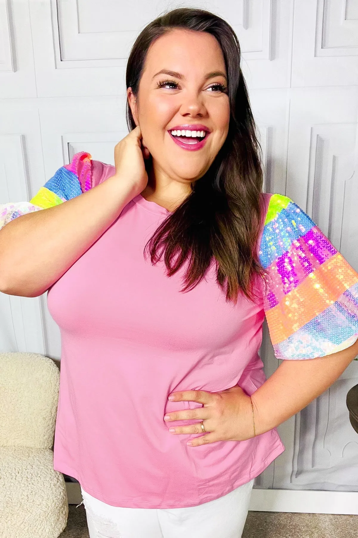 Stand Out Pink Rainbow Sequin Puff Sleeve Top sold by Charming Charlie product image thumbnail 4