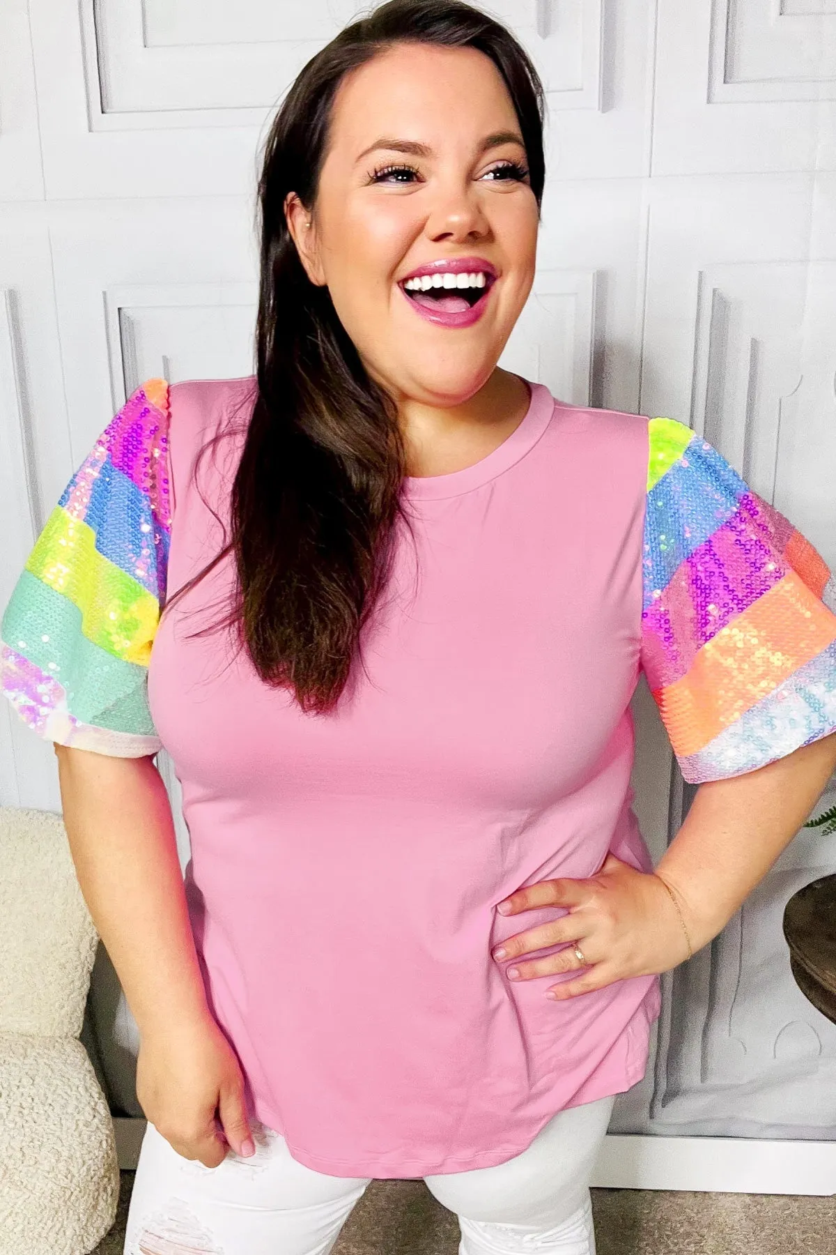 Stand Out Pink Rainbow Sequin Puff Sleeve Top sold by Charming Charlie product image thumbnail 3