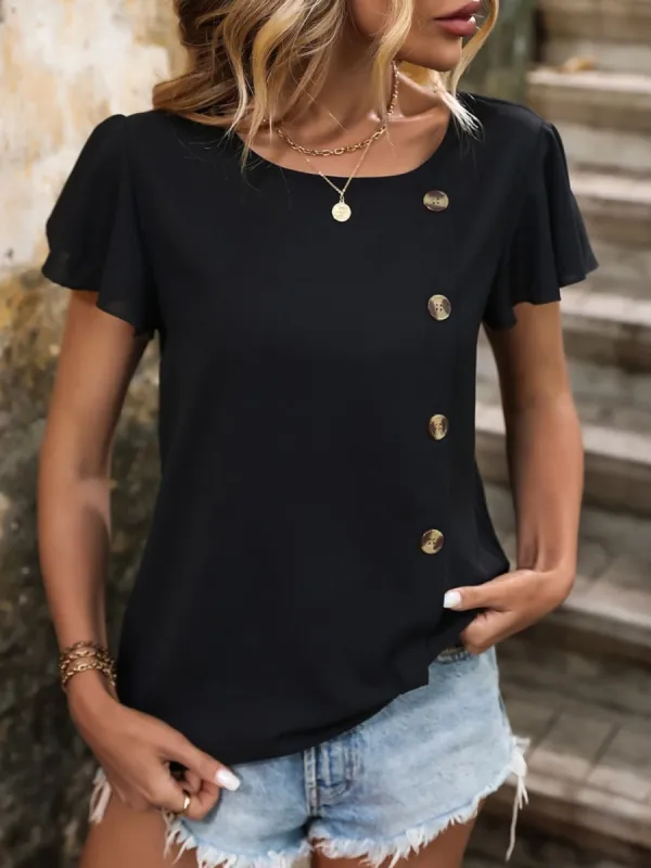 Decorative Button Round Neck Short Sleeve Blouse sold by Charming Charlie