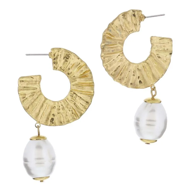 Gold Wavy Folded Texture Hoop with Chunky Pearl Drop Earrings, 2.5" Top to Bottom sold by Charming Charlie