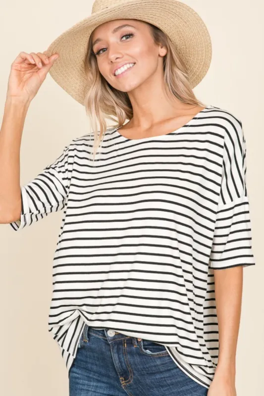 BOMBOM Striped Round Neck T-Shirt sold by Charming Charlie