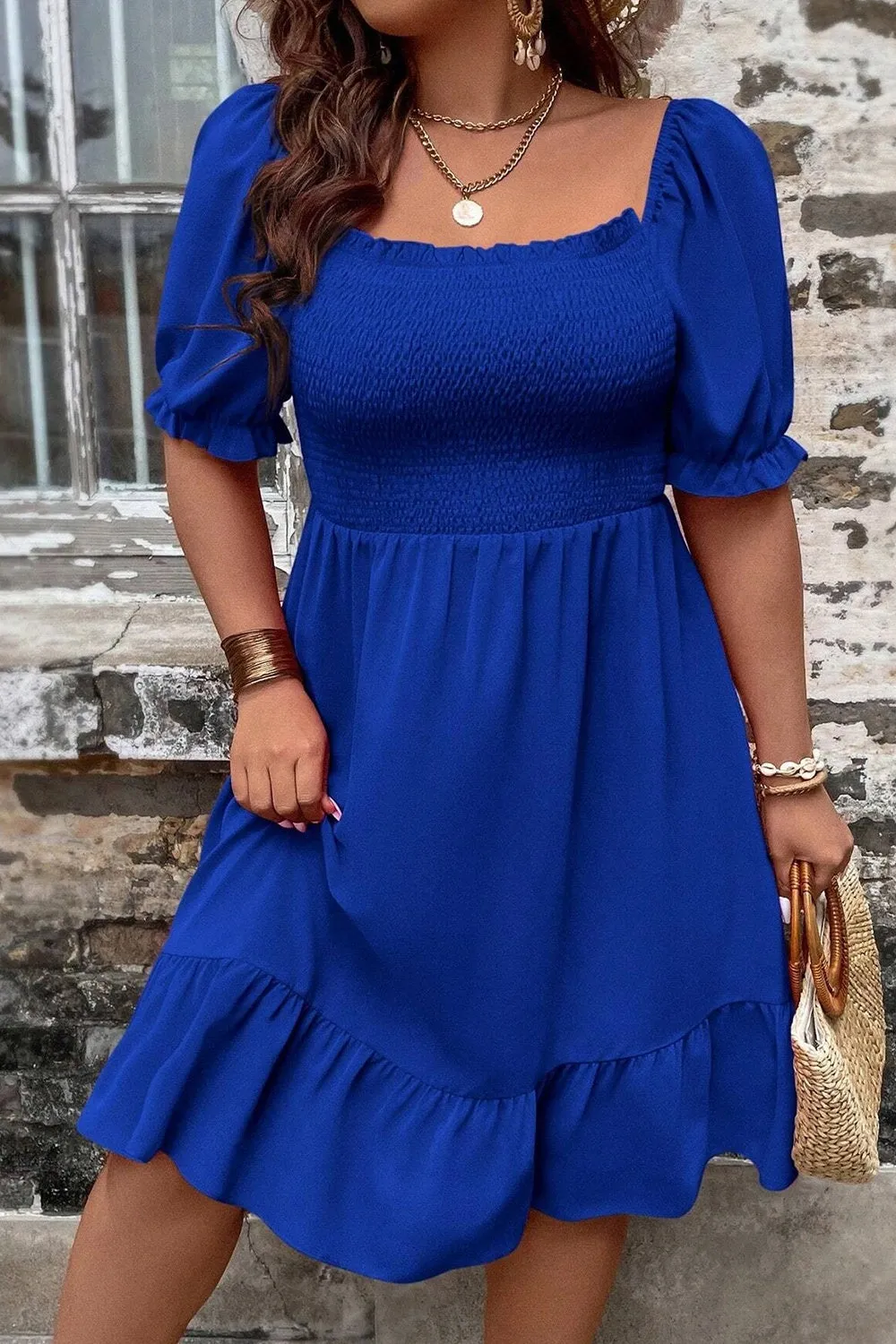 Plus Size Smocked Square Neck Short Sleeve Dress sold by Charming Charlie