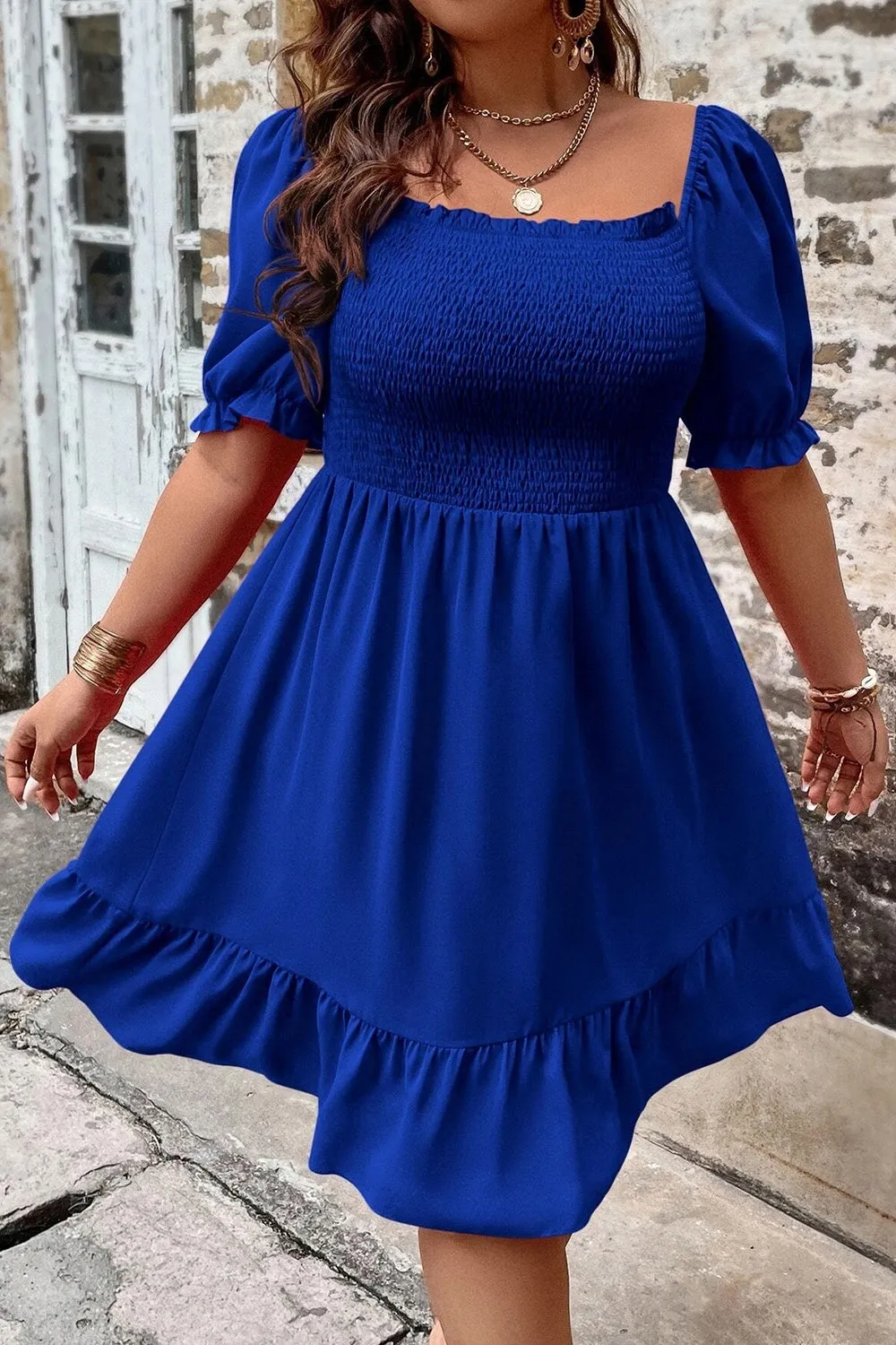 Plus Size Smocked Square Neck Short Sleeve Dress sold by Charming Charlie product image thumbnail 2