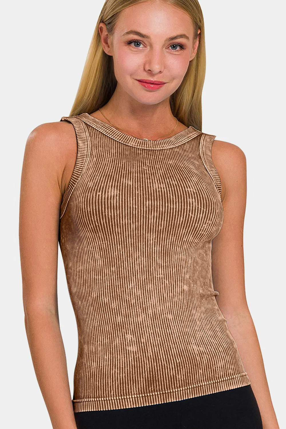 Zenana 2 Way Neckline Washed Ribbed Cropped Tank sold by Charming Charlie
