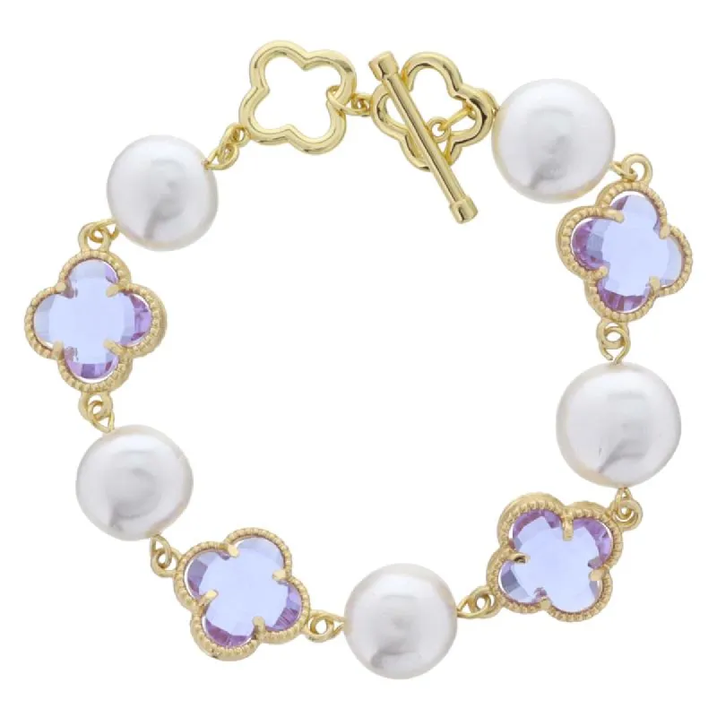 18K Gold Plated Alternating Coin Pearls and Light Blue Crystal Clovers Bracelet, .5", .65" Pendants sold by Charming Charlie