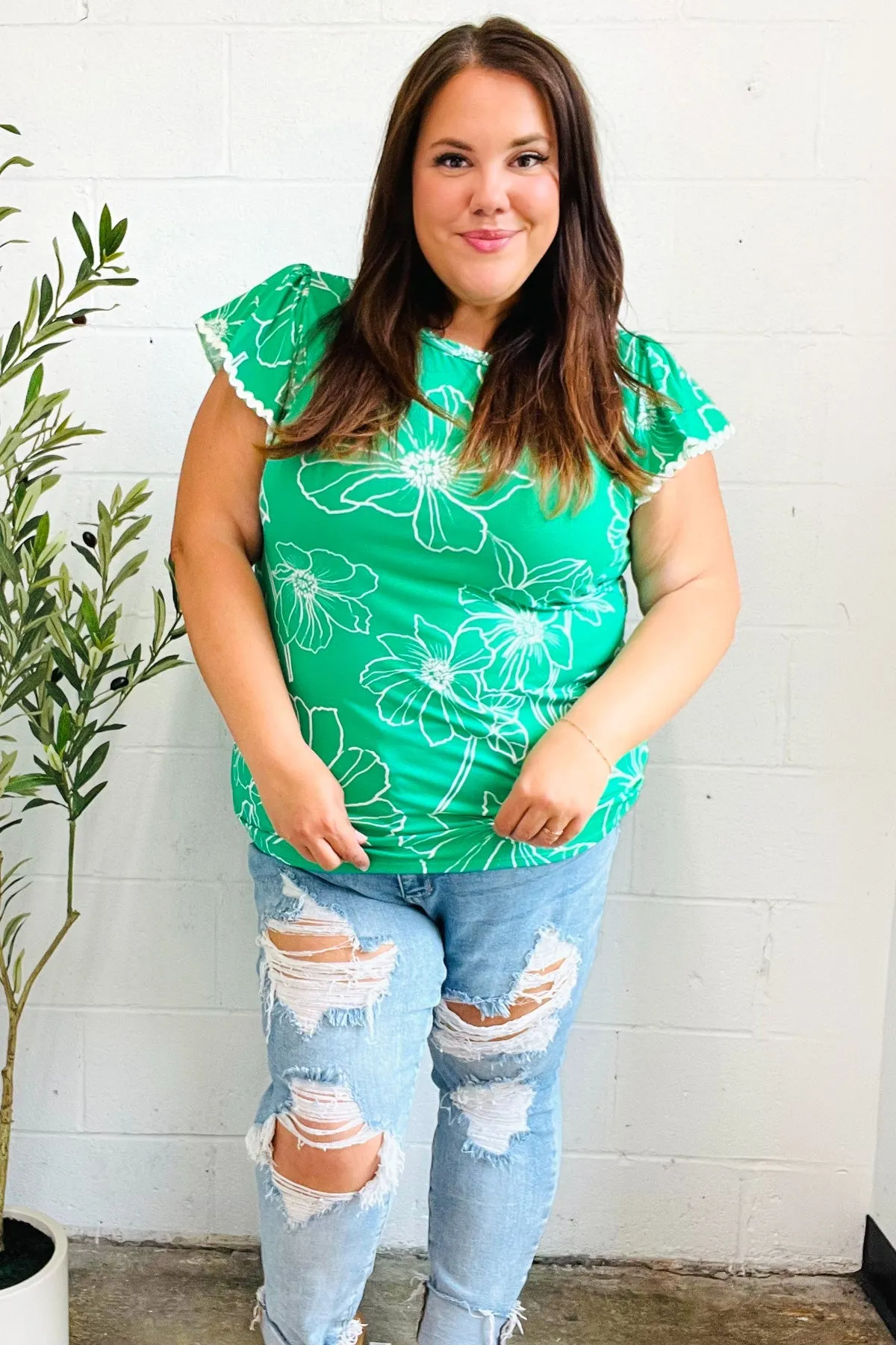 Follow Me Emerald Floral Ric Rac Trim Flutter Sleeve Top sold by Charming Charlie product image thumbnail 5