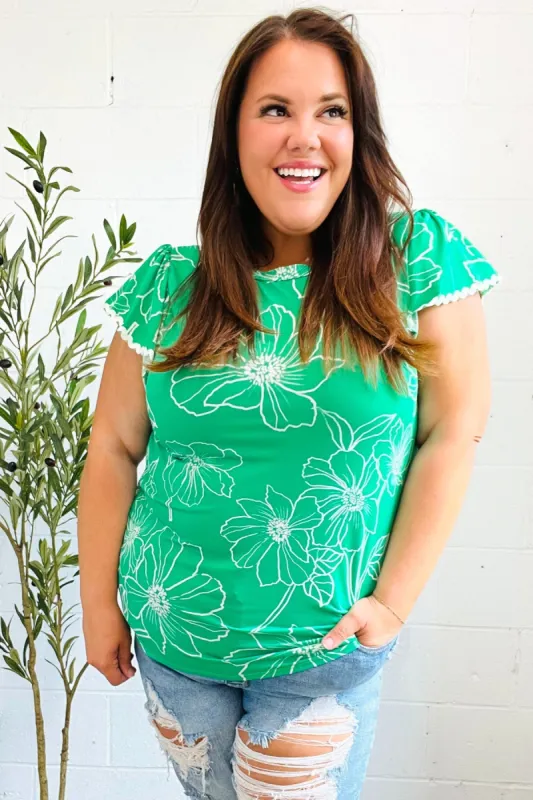 Follow Me Emerald Floral Ric Rac Trim Flutter Sleeve Top sold by Charming Charlie