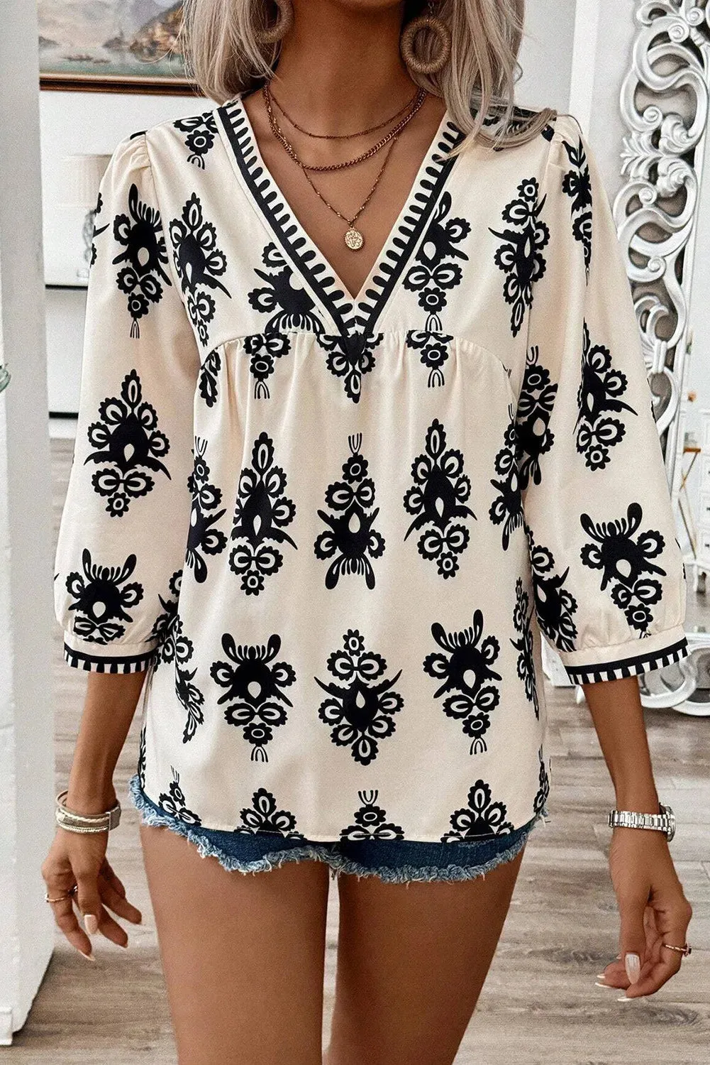 Printed V-Neck Three-Quarter Sleeve Blouse sold by Charming Charlie product image thumbnail 3