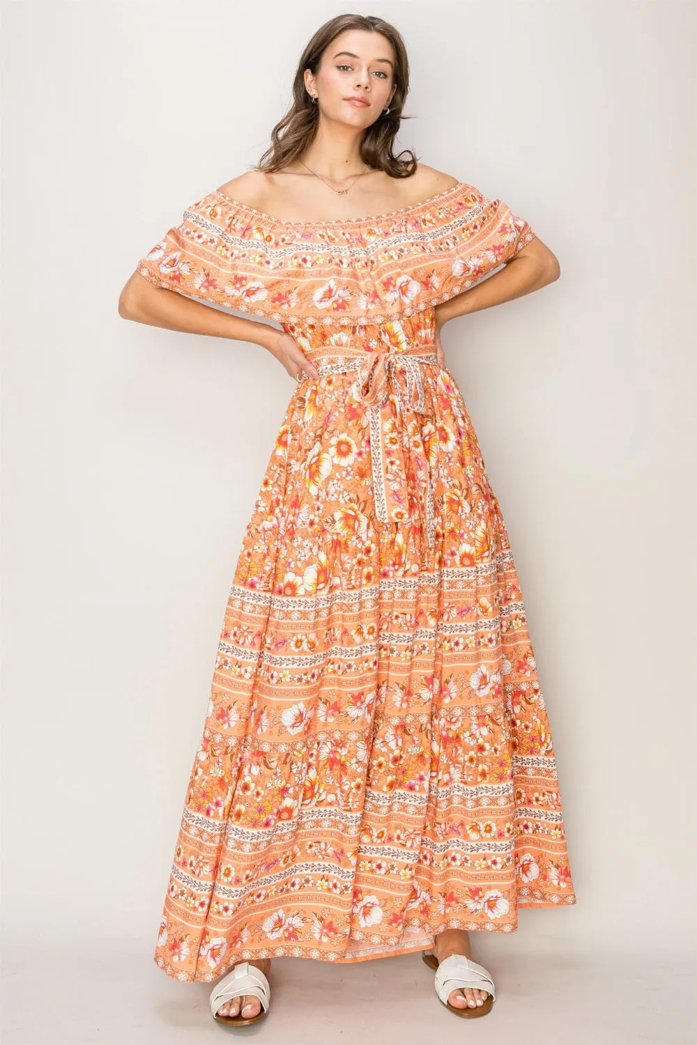 HYFVE Floral Off-Shoulder Tie Front Maxi Dress sold by Charming Charlie product image thumbnail 4