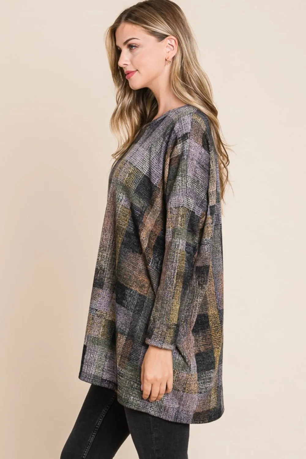 BOMBOM Plaid Round Neck Long Sleeve Top sold by Charming Charlie product image thumbnail 3