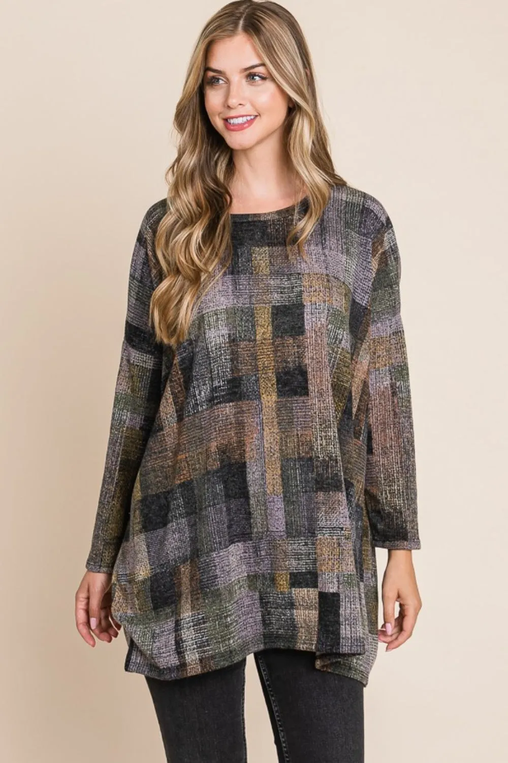 BOMBOM Plaid Round Neck Long Sleeve Top sold by Charming Charlie product image thumbnail 4