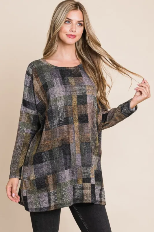 BOMBOM Plaid Round Neck Long Sleeve Top sold by Charming Charlie