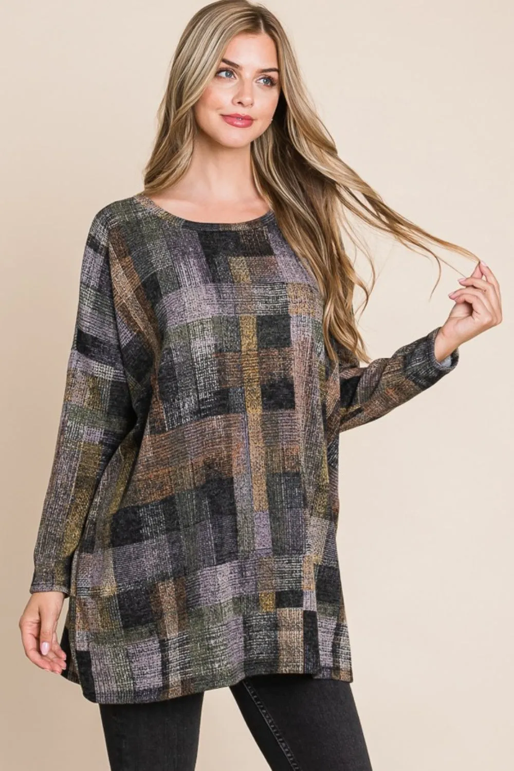 BOMBOM Plaid Round Neck Long Sleeve Top sold by Charming Charlie