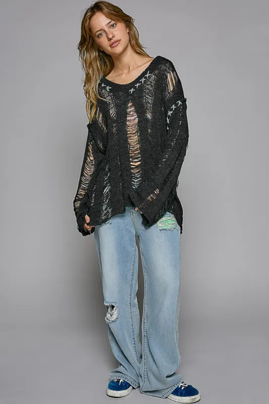 POL Distressed Dropped Shoulder Long Sleeve Knit Top sold by Charming Charlie