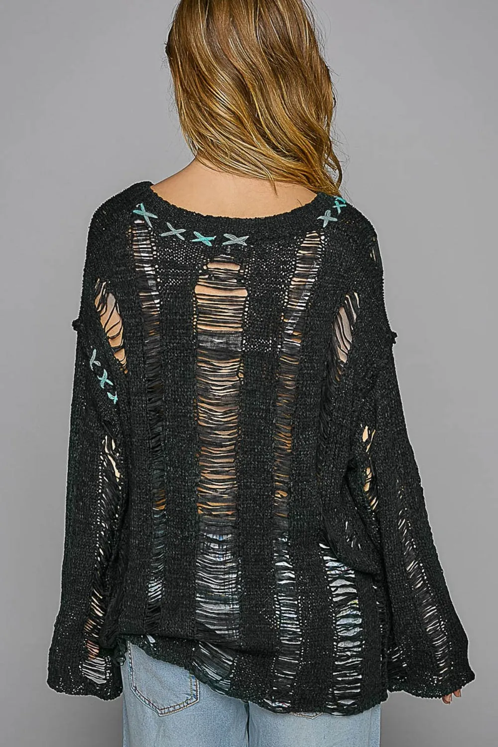 POL Distressed Dropped Shoulder Long Sleeve Knit Top sold by Charming Charlie product image thumbnail 2