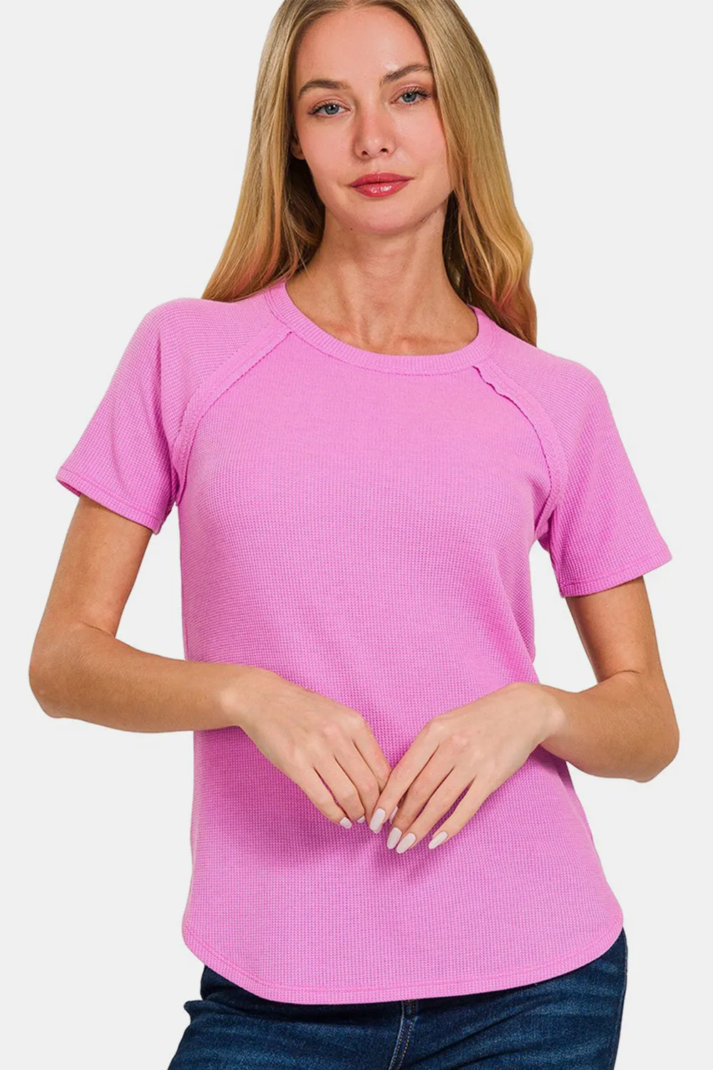 Zenana Round Neck Short Sleeve Waffle T-Shirt sold by Charming Charlie