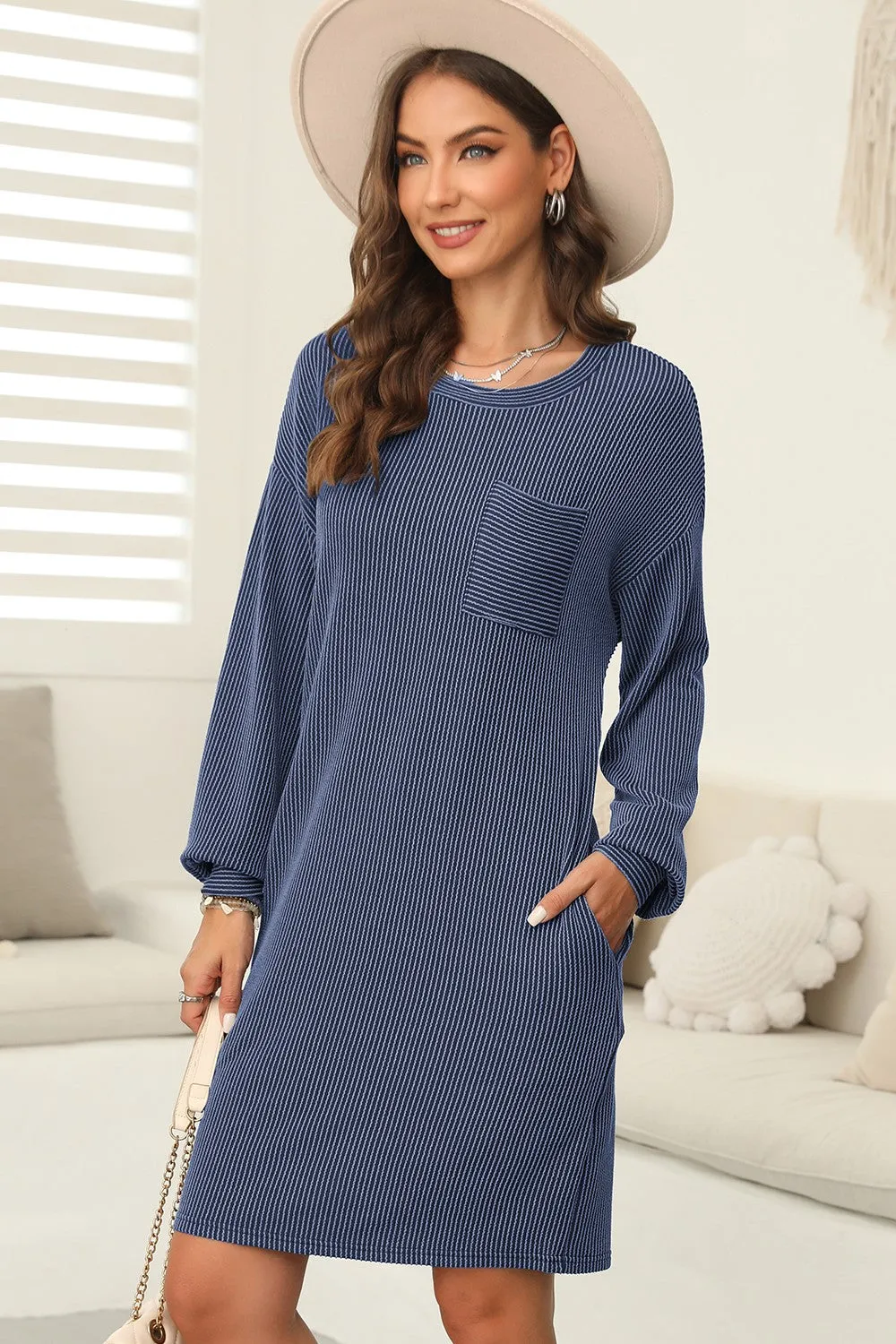 Striped Round Neck Long Sleeve Mini Dress sold by Charming Charlie product image thumbnail 2
