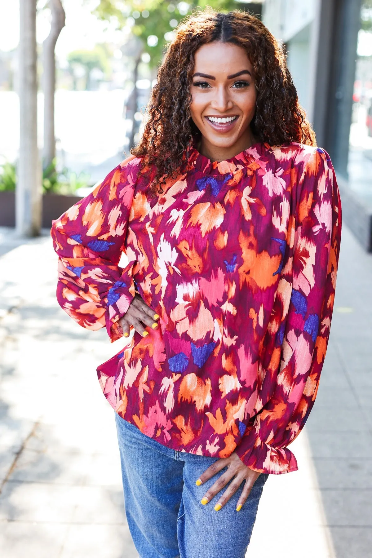 You Got This Wine Floral Print Print Frill Mock Neck Top sold by Charming Charlie