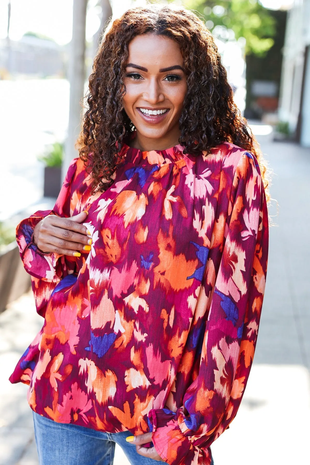 You Got This Wine Floral Print Print Frill Mock Neck Top sold by Charming Charlie product image thumbnail 2