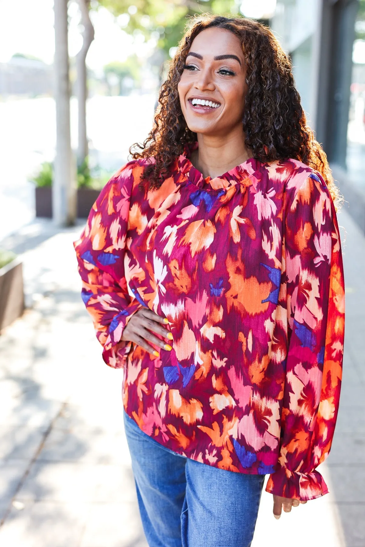 You Got This Wine Floral Print Print Frill Mock Neck Top sold by Charming Charlie product image thumbnail 4