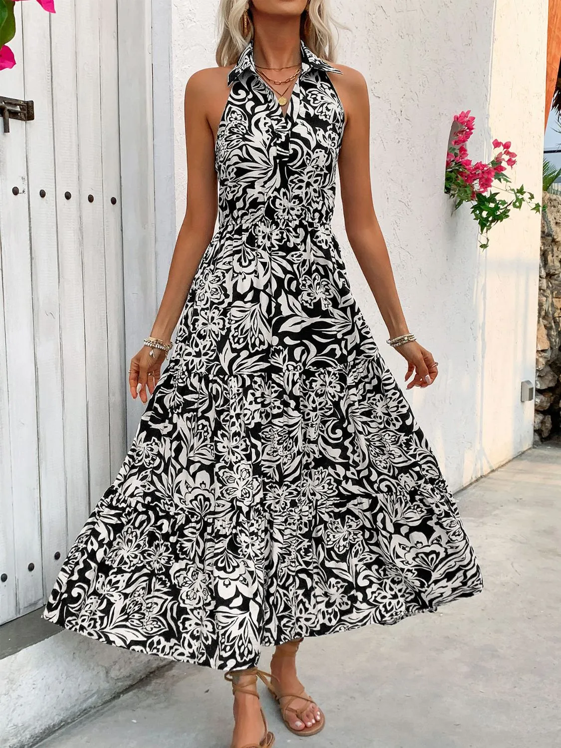 Backless Smocked Printed Sleeveless Midi Dress sold by Charming Charlie product image thumbnail 4