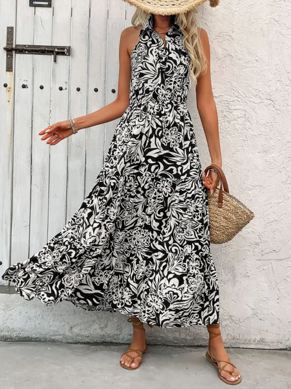 Backless Smocked Printed Sleeveless Midi Dress sold by Charming Charlie