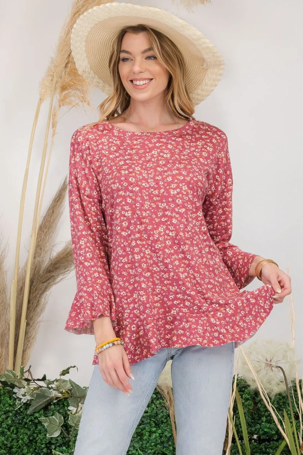 Celeste Full Size Floral Ruffle Detail Top sold by Charming Charlie