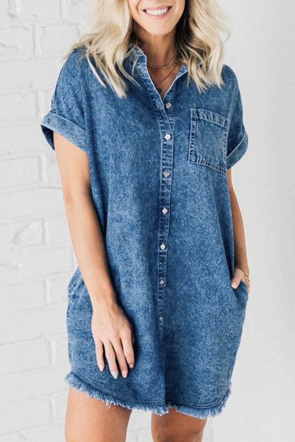 Raw Hem Pocketed Cap Sleeve Denim Dress sold by Charming Charlie