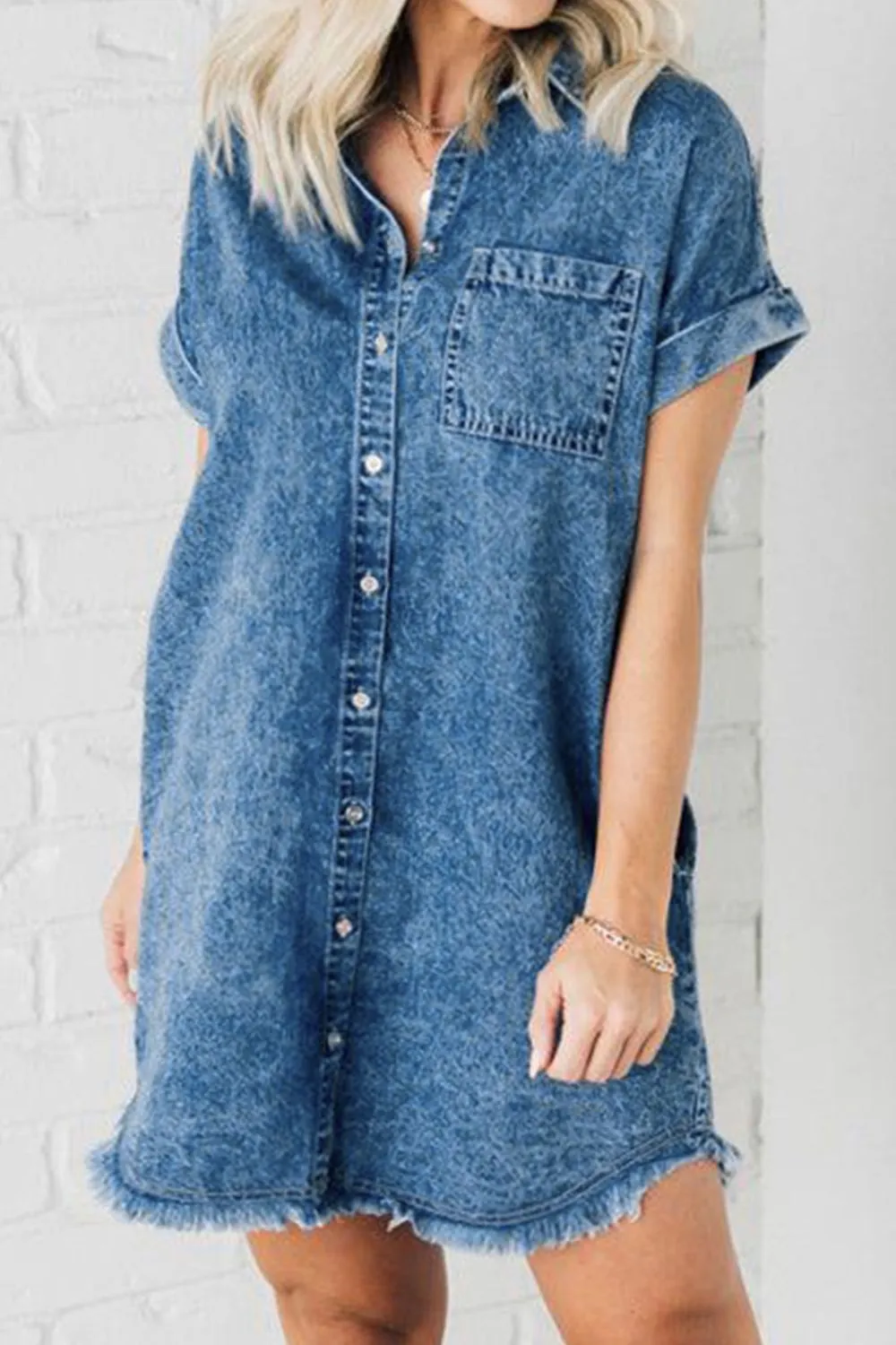 Raw Hem Pocketed Cap Sleeve Denim Dress sold by Charming Charlie product image thumbnail 2